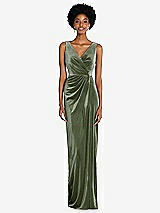 Front View Thumbnail - Sage Draped Skirt Faux Wrap Velvet Maxi Dress