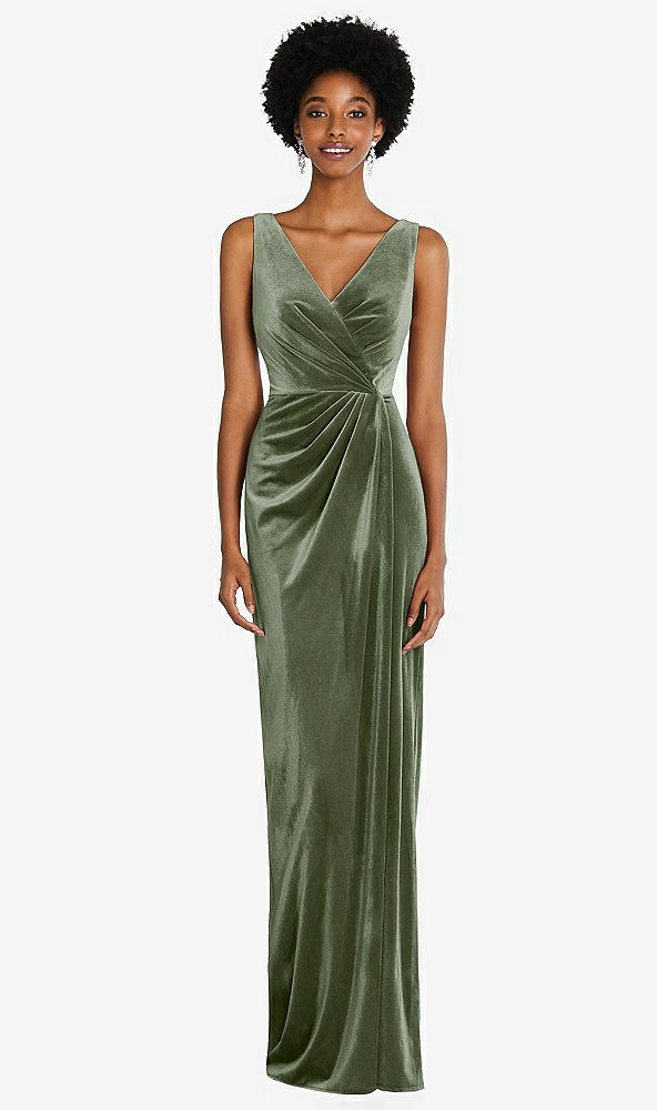 Front View - Sage Draped Skirt Faux Wrap Velvet Maxi Dress