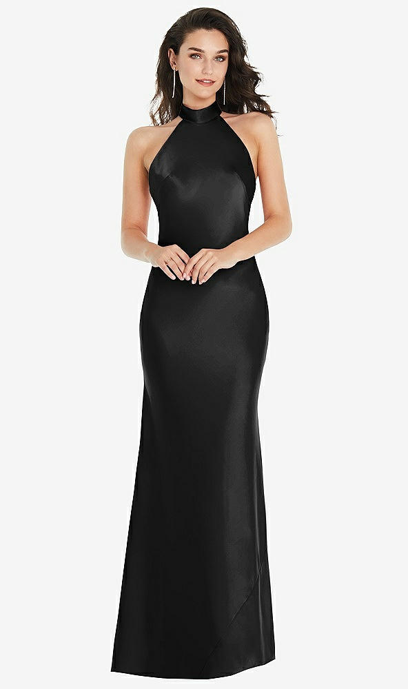 Front View - Black Scarf Tie High-Neck Halter Maxi Slip Dress