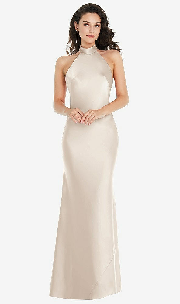 Front View - Oat Scarf Tie High-Neck Halter Maxi Slip Dress