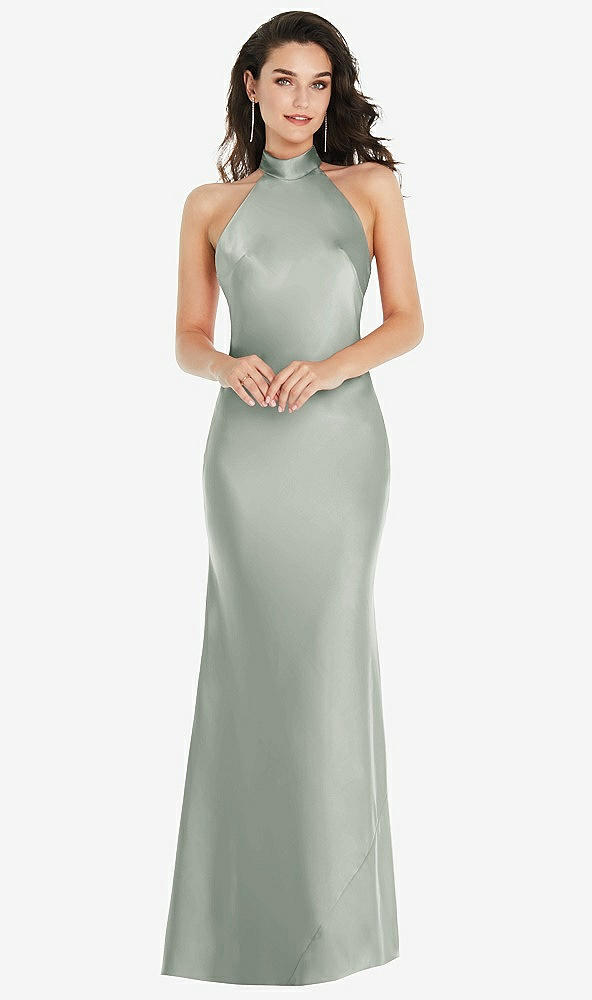 Front View - Willow Green Scarf Tie High-Neck Halter Maxi Slip Dress