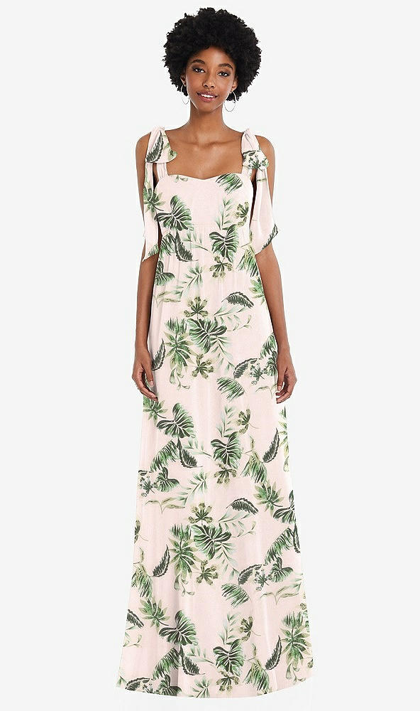 Front View - Palm Beach Print Convertible Tie-Shoulder Empire Waist Maxi Dress