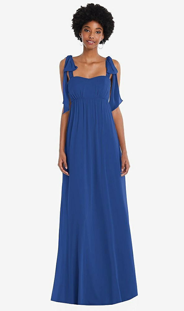 Front View - Classic Blue Convertible Tie-Shoulder Empire Waist Maxi Dress