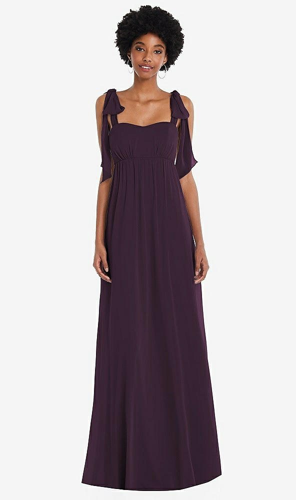 Front View - Aubergine Convertible Tie-Shoulder Empire Waist Maxi Dress