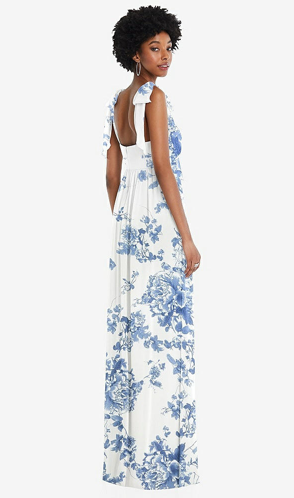 Back View - Cottage Rose Dusk Blue Convertible Tie-Shoulder Empire Waist Maxi Dress