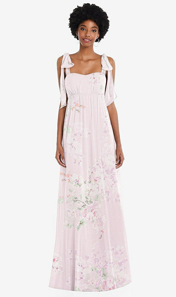 Front View - Watercolor Print Convertible Tie-Shoulder Empire Waist Maxi Dress