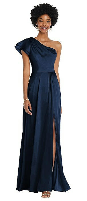 Draped One-Shoulder Flutter Sleeve Maxi Dress with Front Slit