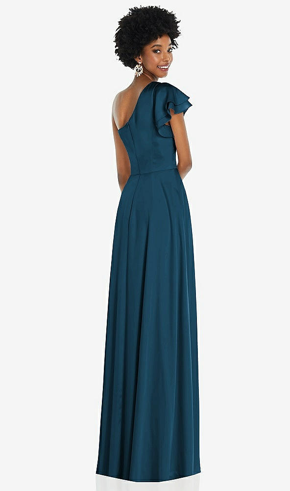 Back View - Atlantic Blue Draped One-Shoulder Flutter Sleeve Maxi Dress with Front Slit