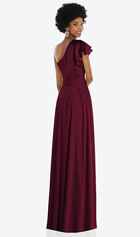 Back View - Cabernet Draped One-Shoulder Flutter Sleeve Maxi Dress with Front Slit