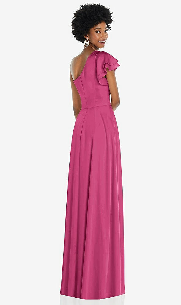 Back View - Tea Rose Draped One-Shoulder Flutter Sleeve Maxi Dress with Front Slit