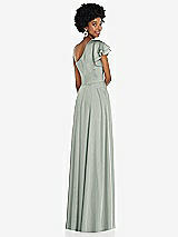 Rear View Thumbnail - Willow Green Draped One-Shoulder Flutter Sleeve Maxi Dress with Front Slit