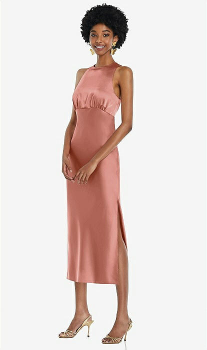 Jewel Neck Sleeveless Midi Bridesmaid Dress With Bias Skirt In Desert Rose The Dessy Group