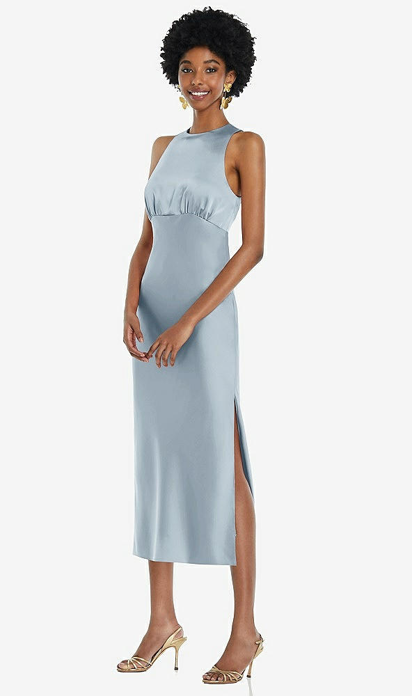 Front View - Mist Jewel Neck Sleeveless Midi Dress with Bias Skirt