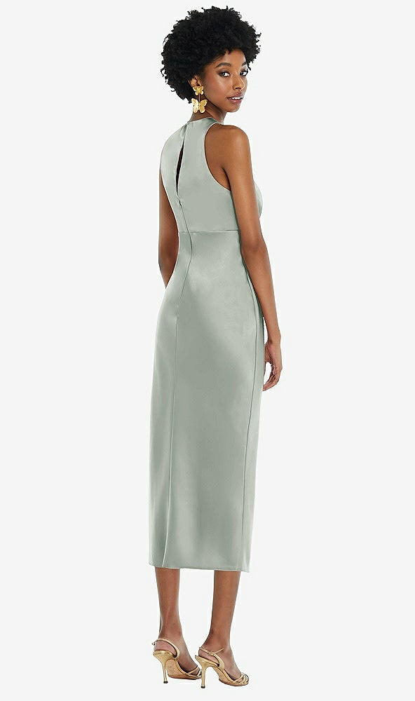 Back View - Willow Green Jewel Neck Sleeveless Midi Dress with Bias Skirt