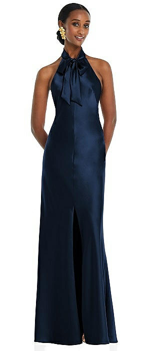 Scarf Tie Stand Collar Maxi Dress with Front Slit