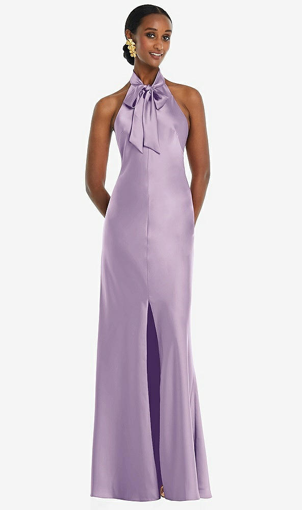 Front View - Pale Purple Scarf Tie Stand Collar Maxi Dress with Front Slit