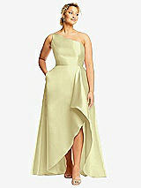 Front View Thumbnail - Butter Yellow One-Shoulder Satin Gown with Draped Front Slit and Pockets