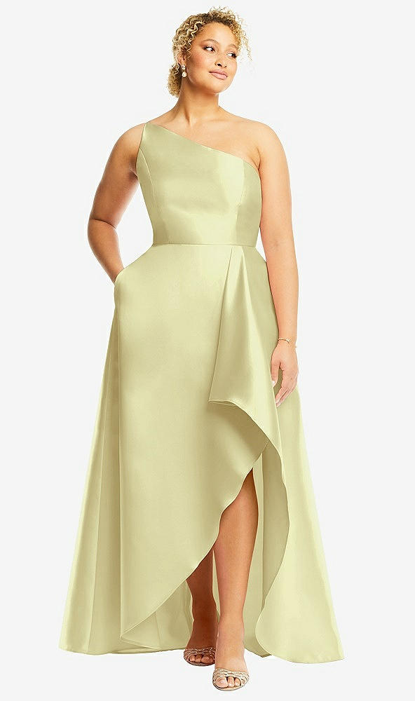 Front View - Butter Yellow One-Shoulder Satin Gown with Draped Front Slit and Pockets