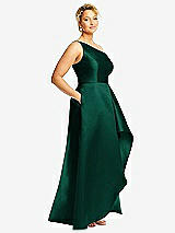 Side View Thumbnail - Hunter Green One-Shoulder Satin Gown with Draped Front Slit and Pockets