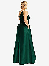 Rear View Thumbnail - Hunter Green One-Shoulder Satin Gown with Draped Front Slit and Pockets