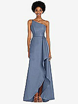 Alt View 1 Thumbnail - Larkspur Blue One-Shoulder Satin Gown with Draped Front Slit and Pockets