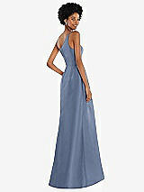 Alt View 3 Thumbnail - Larkspur Blue One-Shoulder Satin Gown with Draped Front Slit and Pockets