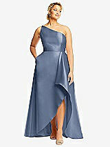 Front View Thumbnail - Larkspur Blue One-Shoulder Satin Gown with Draped Front Slit and Pockets