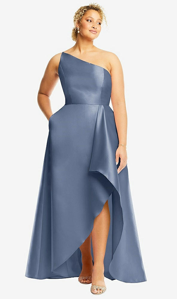 Front View - Larkspur Blue One-Shoulder Satin Gown with Draped Front Slit and Pockets