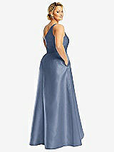 Rear View Thumbnail - Larkspur Blue One-Shoulder Satin Gown with Draped Front Slit and Pockets