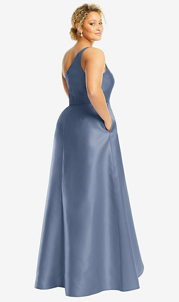 Back View - Larkspur Blue One-Shoulder Satin Gown with Draped Front Slit and Pockets