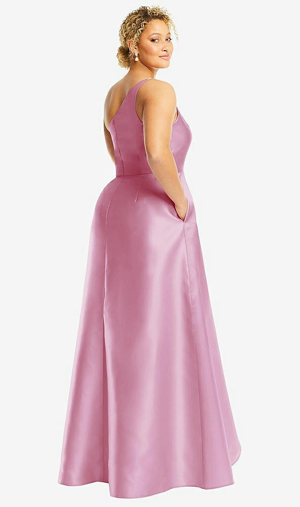 Back View - Powder Pink One-Shoulder Satin Gown with Draped Front Slit and Pockets