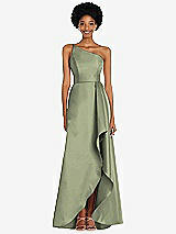 Alt View 1 Thumbnail - Sage One-Shoulder Satin Gown with Draped Front Slit and Pockets