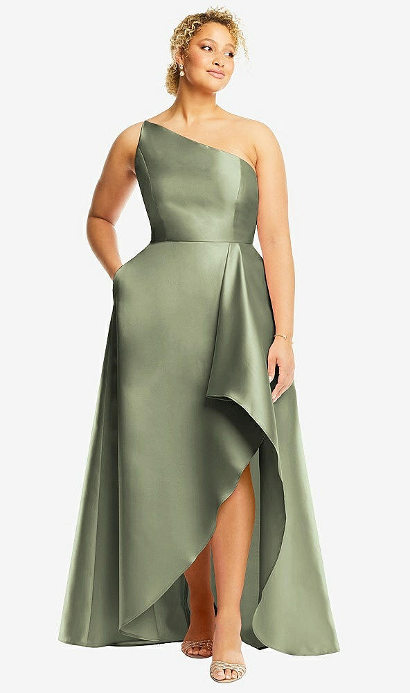 Front View - Sage One-Shoulder Satin Gown with Draped Front Slit and Pockets