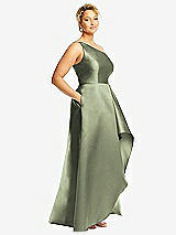 Side View Thumbnail - Sage One-Shoulder Satin Gown with Draped Front Slit and Pockets