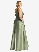 Rear View Thumbnail - Sage One-Shoulder Satin Gown with Draped Front Slit and Pockets