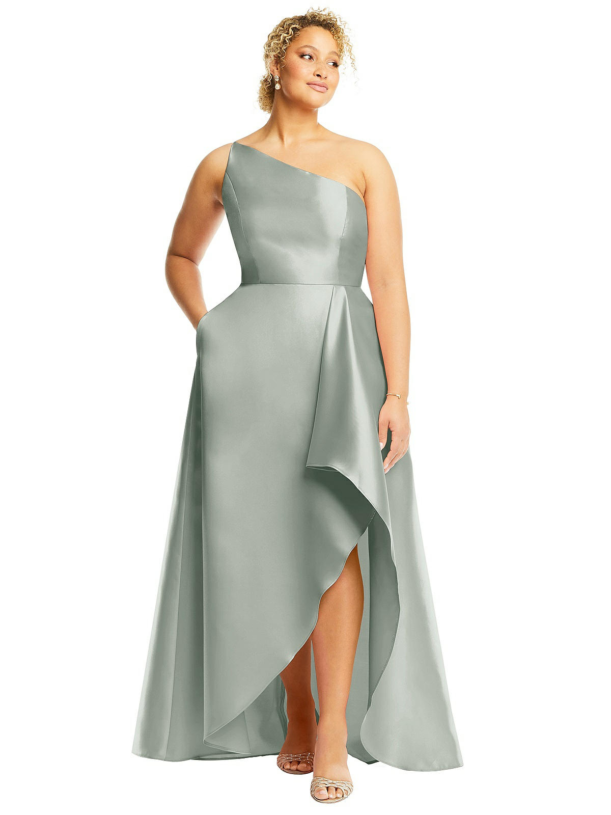 DESSY selling PLEATED DRAPED ONE-SHOULDER SATIN MAXI DRESS WITH POCKETS