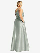 Rear View Thumbnail - Willow Green One-Shoulder Satin Gown with Draped Front Slit and Pockets