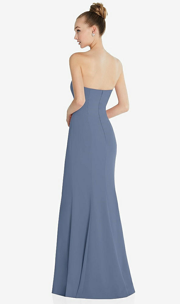 Back View - Larkspur Blue Strapless Princess Line Crepe Mermaid Gown