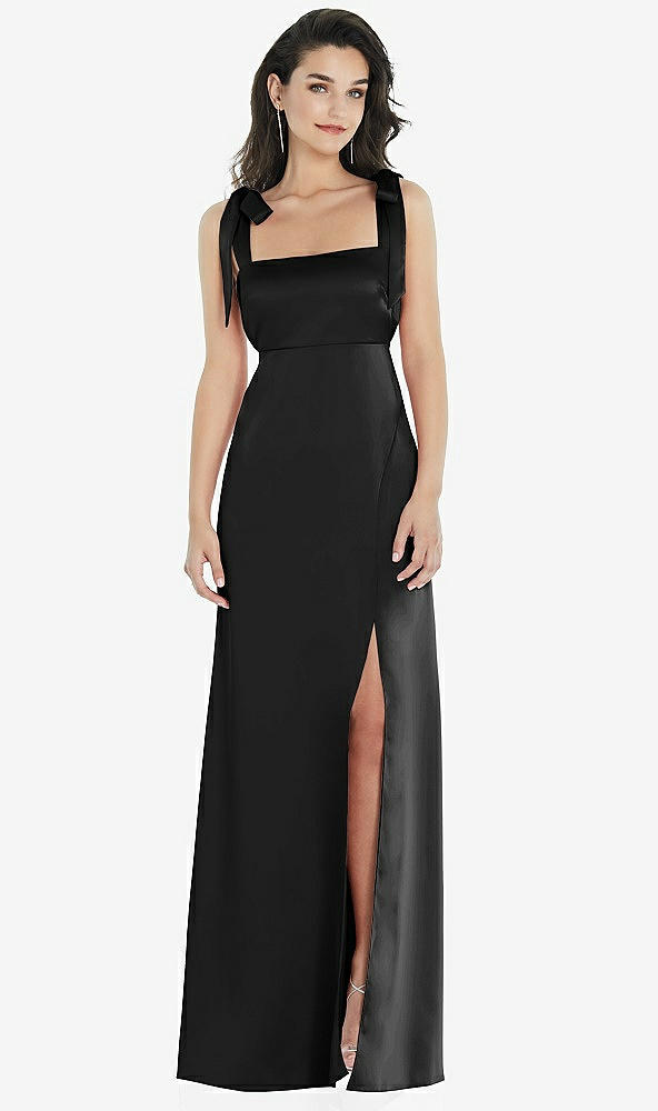 Front View - Black Flat Tie-Shoulder Empire Waist Maxi Dress with Front Slit