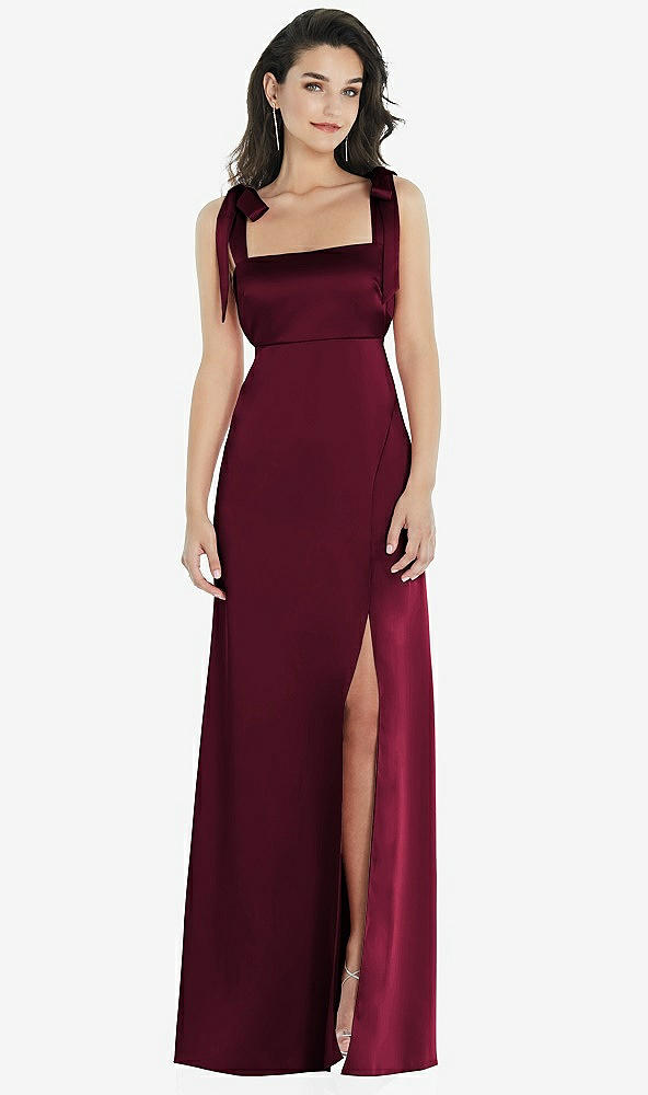 Front View - Cabernet Flat Tie-Shoulder Empire Waist Maxi Dress with Front Slit