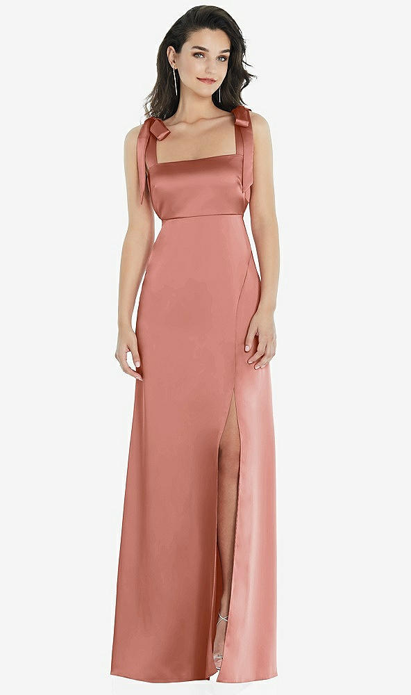 Front View - Desert Rose Flat Tie-Shoulder Empire Waist Maxi Dress with Front Slit