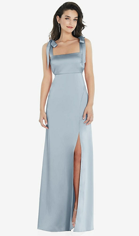 Front View - Mist Flat Tie-Shoulder Empire Waist Maxi Dress with Front Slit