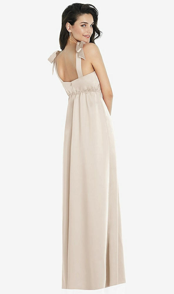 Back View - Oat Flat Tie-Shoulder Empire Waist Maxi Dress with Front Slit