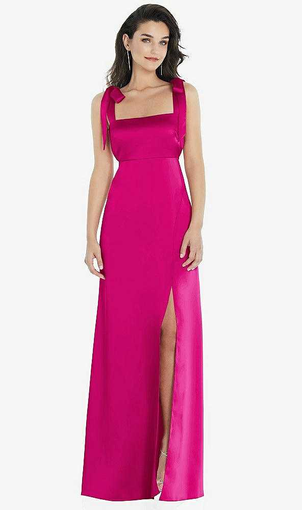 Front View - Think Pink Flat Tie-Shoulder Empire Waist Maxi Dress with Front Slit