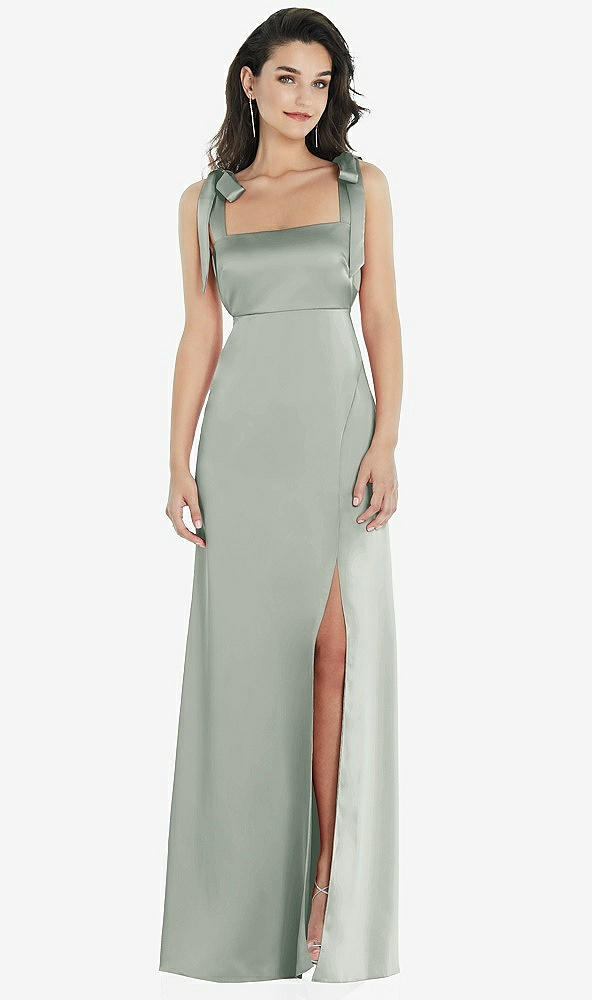 Front View - Willow Green Flat Tie-Shoulder Empire Waist Maxi Dress with Front Slit