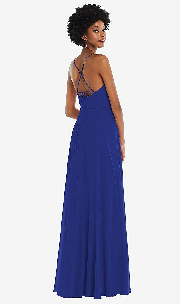 Back View - Cobalt Blue Scoop Neck Convertible Tie-Strap Maxi Dress with Front Slit