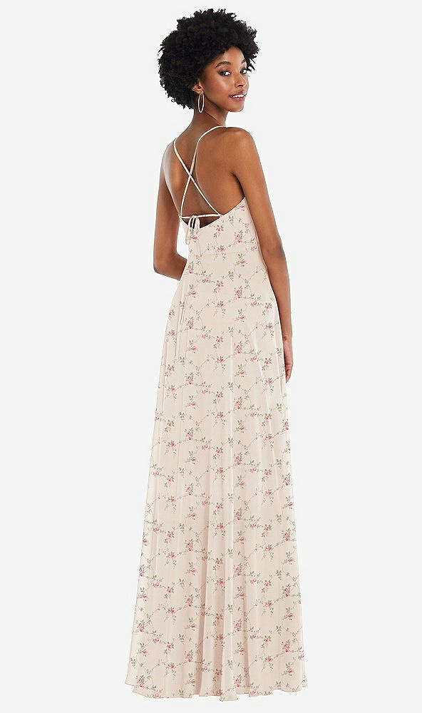 Back View - Coquette Floral Print Scoop Neck Convertible Tie-Strap Maxi Dress with Front Slit