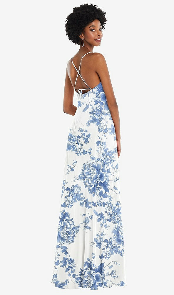 Back View - Cottage Rose Dusk Blue Scoop Neck Convertible Tie-Strap Maxi Dress with Front Slit