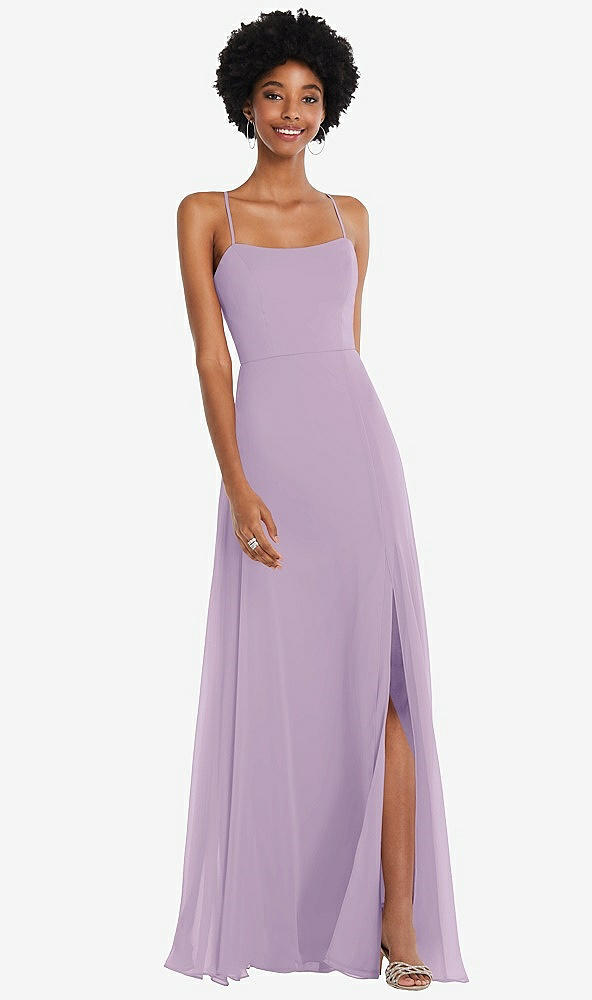 Front View - Pale Purple Scoop Neck Convertible Tie-Strap Maxi Dress with Front Slit