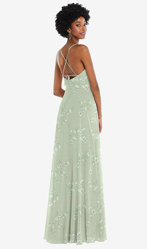 Back View - Vintage Primrose Sage Scoop Neck Convertible Tie-Strap Maxi Dress with Front Slit